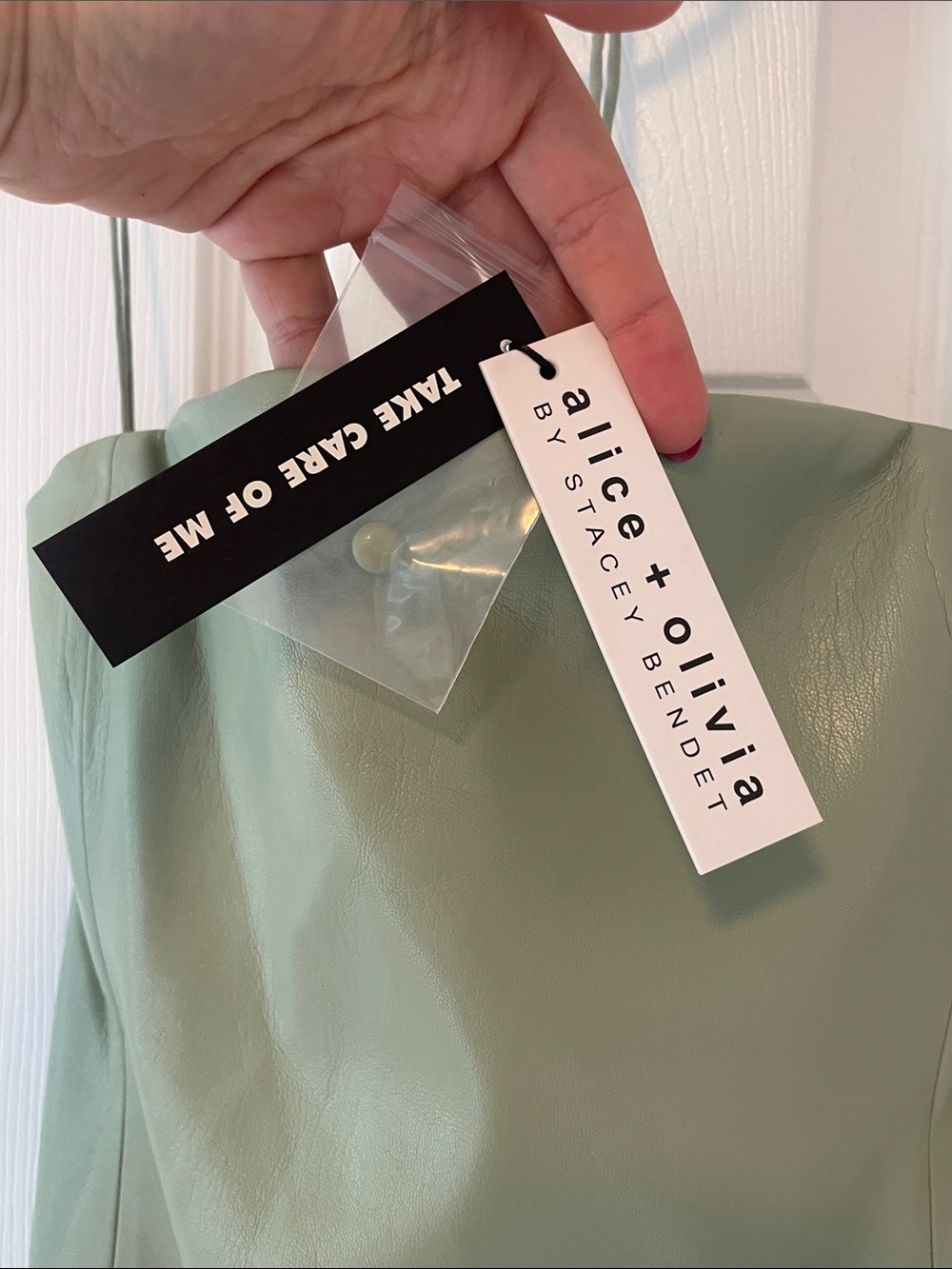 Alice + Olivia Vegan Leather Sage Green Strapless Midi Dress with Choker - Picture 7 of 12